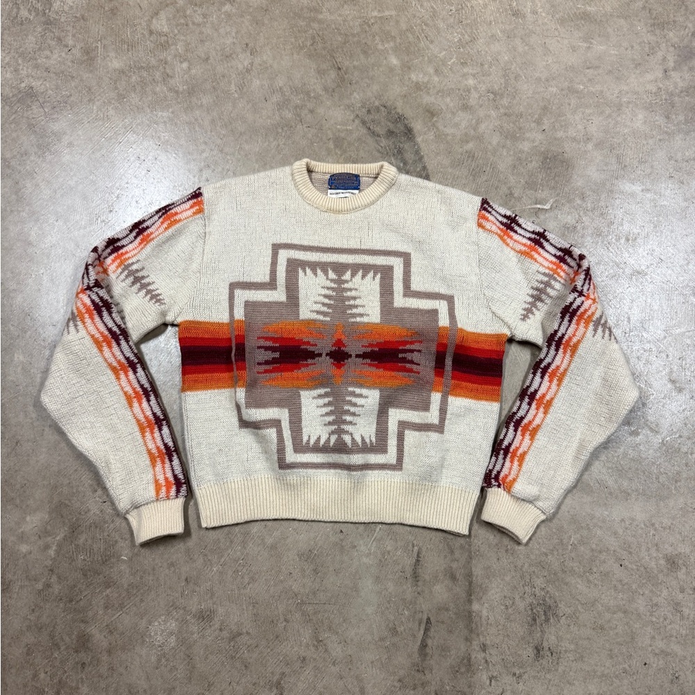 Vintage Pendleton Cream Crewneck Sweater with Red and Orange Geometric Motif